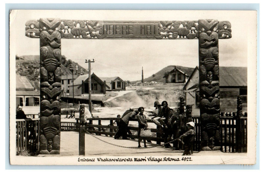 c1950s Entrance Whakarewarewa Maori Village Rotorua New Zealand NZ RPPC Postcard