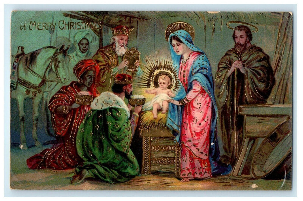 1911 Christmas Manger Christ God Religious Gold Gilt Elmhurst Illinois Postcard