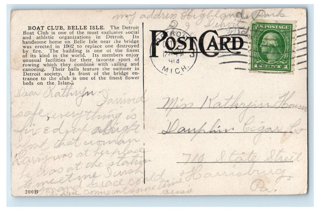 1914 Boat Club Belle Isle Canal, Detroit Michigan MI Posted Antique Postcard