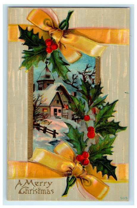 Christmas Yellow Ribbon Wrap Holly Berries Snow Winter House Embossed Postcard