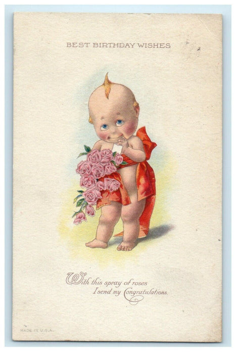 1923 Kewpie Child Red Ribbon Roses Flowers Birthday Pemberville Ohio OH Postcard