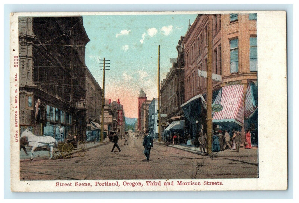 1907 Street Scene, Third and Morrison Streets, Portland Oregon OR Postcard