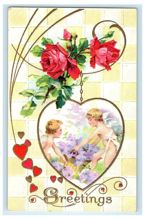 Valentine Greetings Cherubs Angels Flowers And Heart Embossed Postcard