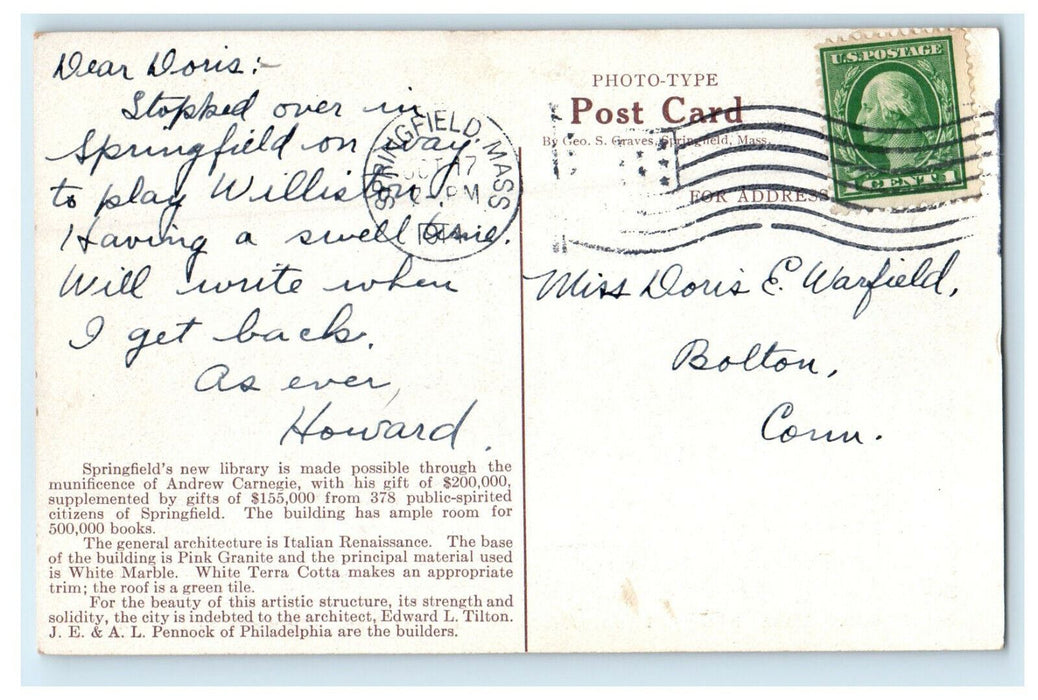 1914 New City Library, Merrick Park, State Street, Massachusetts MA Postcard