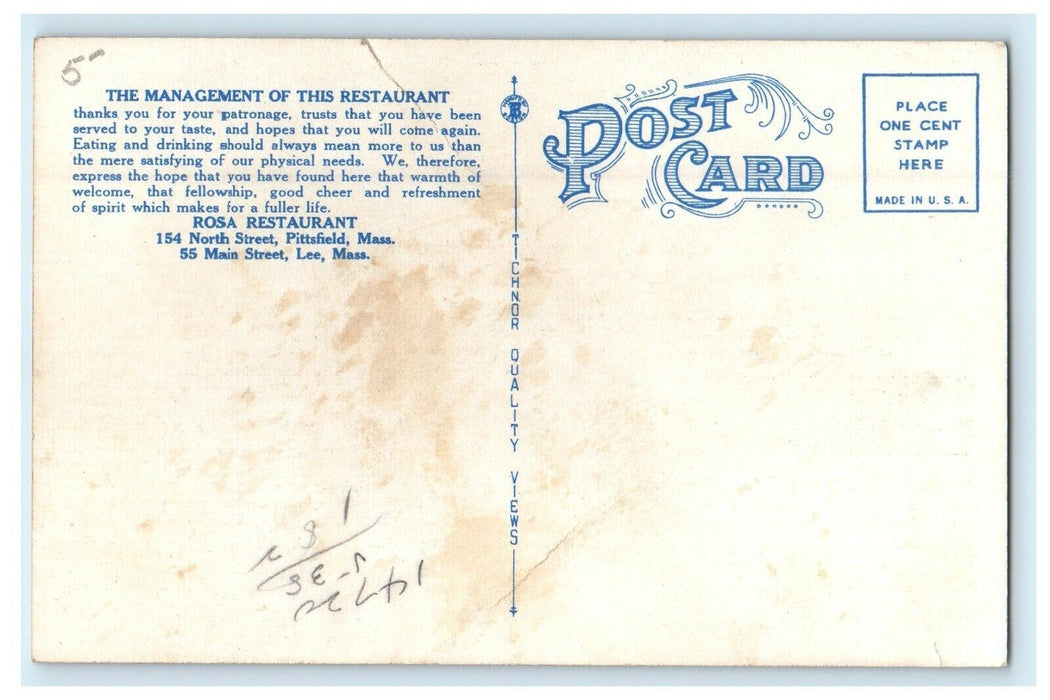1913 Rosa Restaurant, Pittsfield Massachusetts MA Antique Postcard