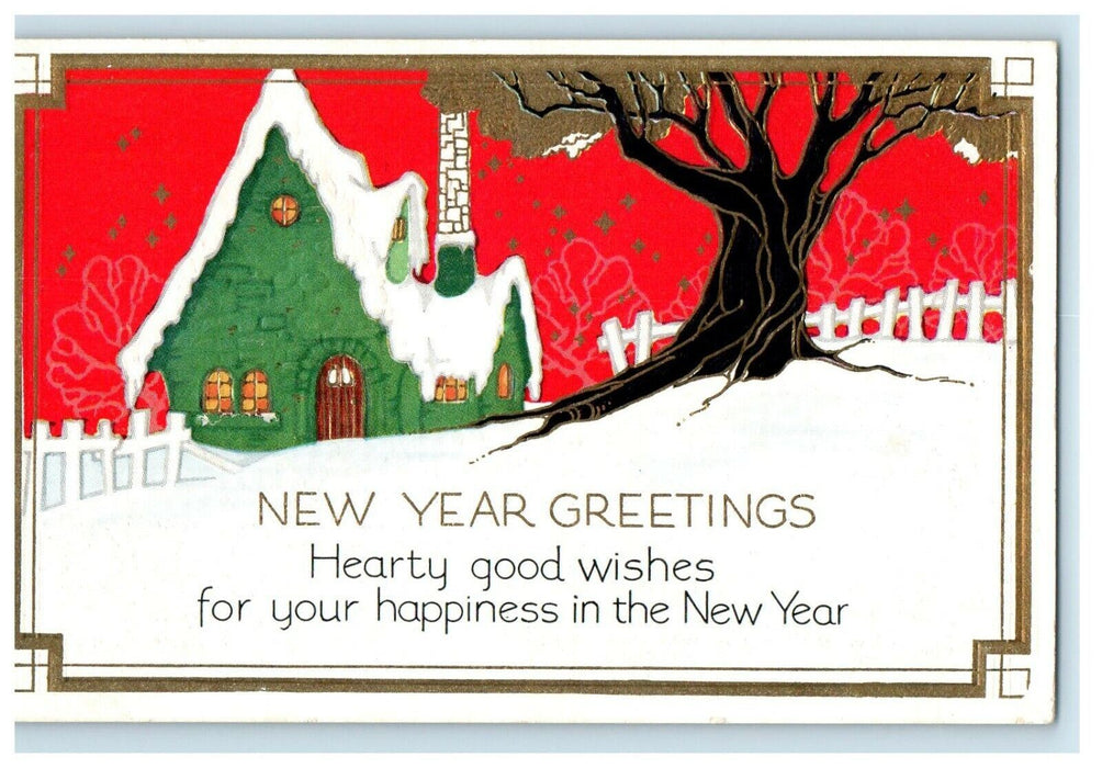 c1920's New Year Greetings Gold Gild House & Tree Winter Snow Embossed Postcard