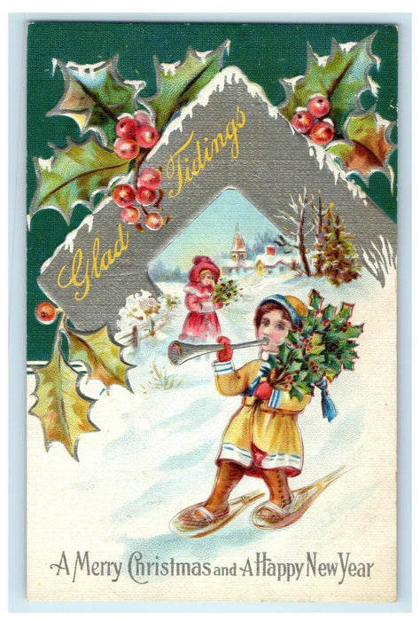 Christmas Children Ice Skating Blown Horn Holly Glad Tiding Embossed Postcard