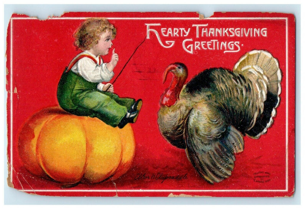 1911 Clapsaddle Thanksgiving Pumpkin Boy Child Turkey Greeting Postcard