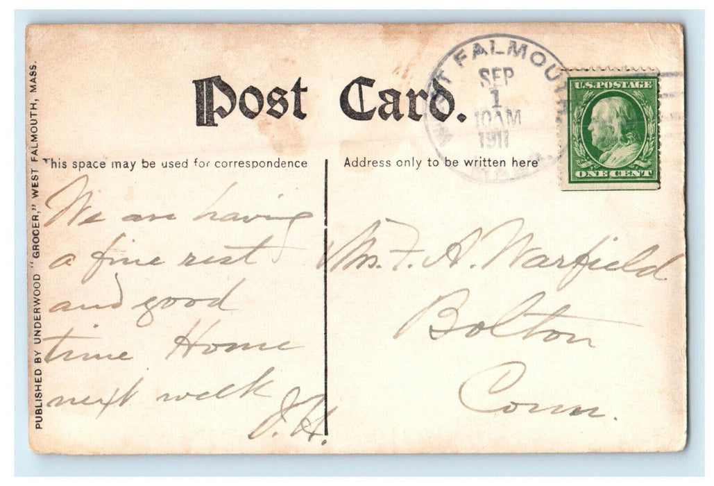 1911 Old Mill, West Falmouth, Massachusetts MA Posted Antique Postcard
