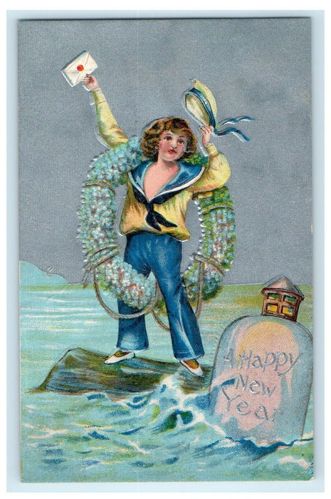 c1910 New Year Winsch Back Sailor Boy Shipwreck Wreath Embossed Postcard