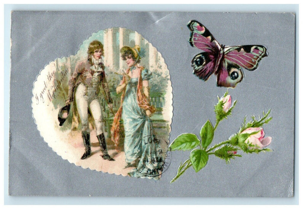 1907 Valentine Beautiful Girls In Heart Shape With Butterfly Flowers Postcard