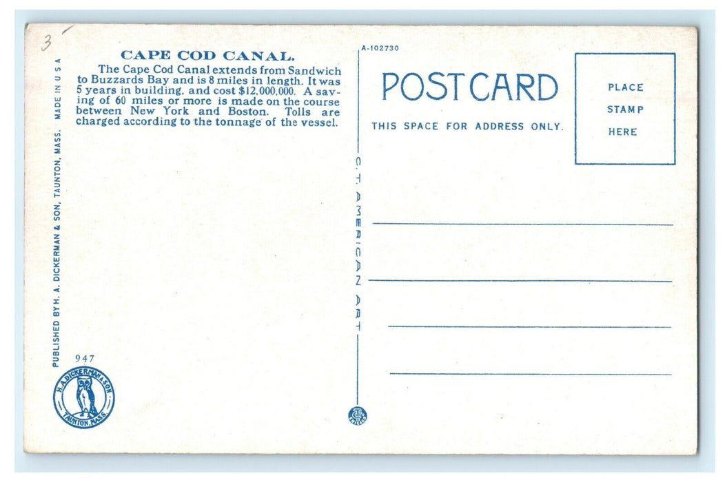 c1910 Steamer Ship Passing Through Cape Cod Canal Massachusetts MA Postcard