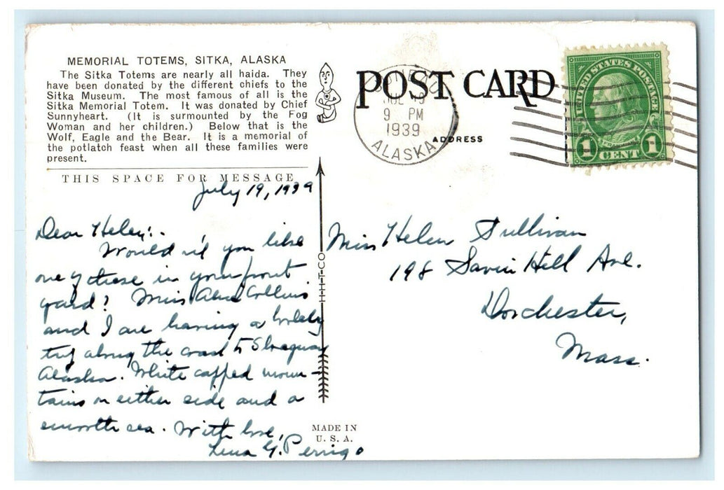 1939 Memorial Totem, All Haida, Sitka Alaska, Vintage Postcard