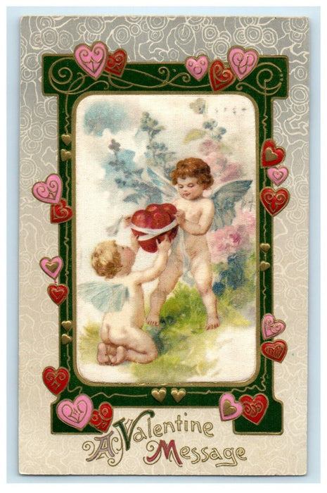 1910 Valentines Greetings Cupid Cherubs Flowers And Heart Winsch Back Postcard