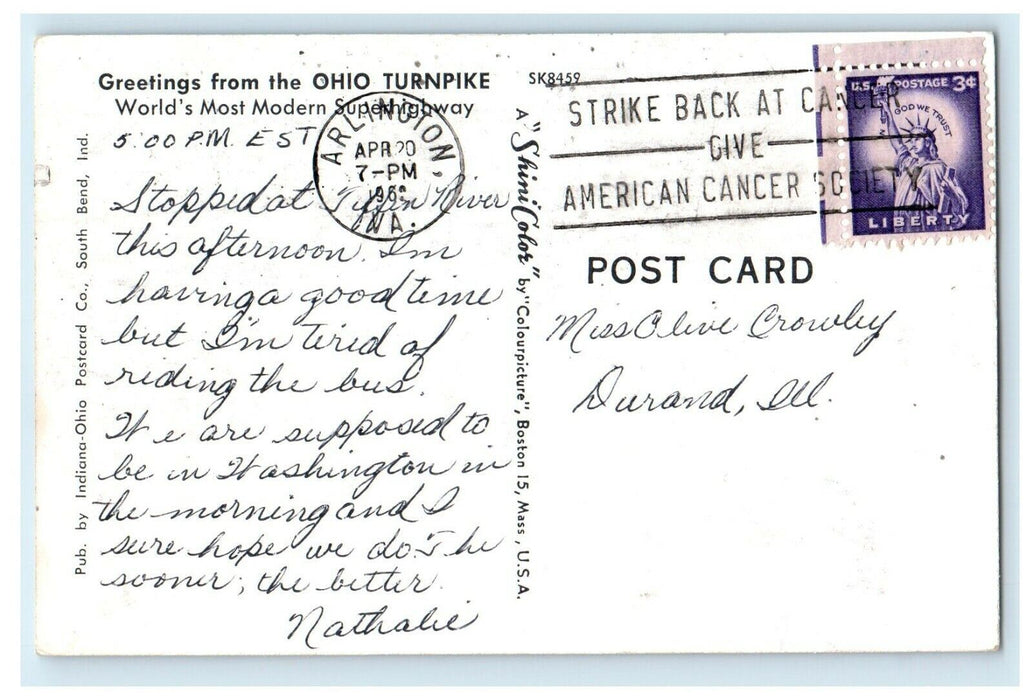 1962 Greetings from the Ohio Turnpike, Strike Back Cancelled Postcard