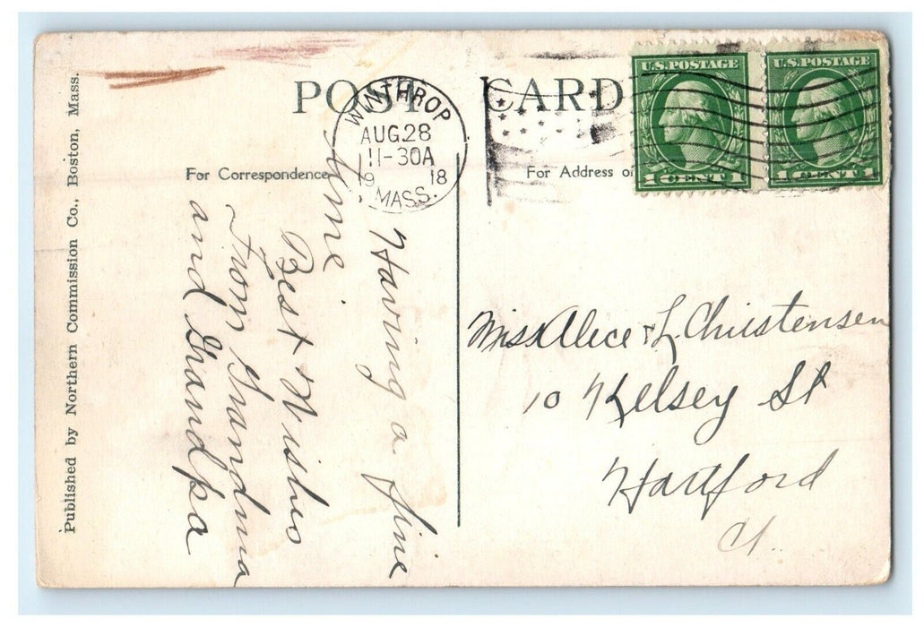 1918 Winthrop Massachusetts MA, Winthrop Bathing Beach View Antique Postcard