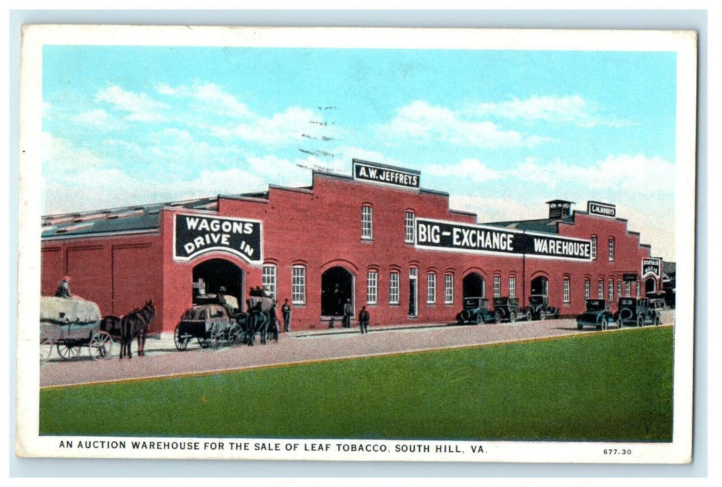 1935 An Auction Warehouse of Leaf Tobacco, South Hill Virginia VA Postcard