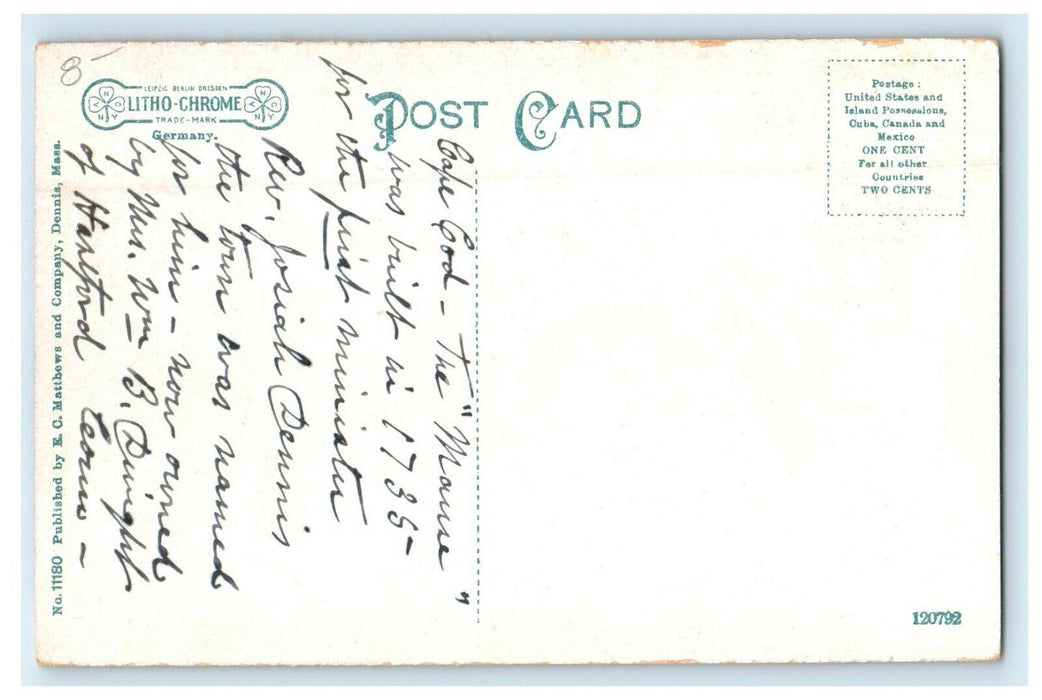The Manse Dennis Cape Cod Massachusetts MA Built In 1735 Antique Postcard