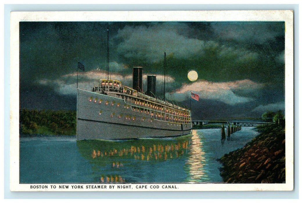1923 Boston New York Steamer By Night Cape Cod Canal Massachusetts MA Postcard