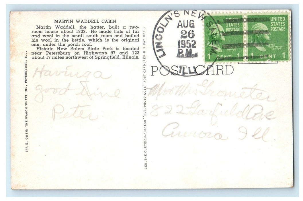 1952 Martin Waddell's Cabin Lincoln, New Salem, Illinois IL Vintage Postcard