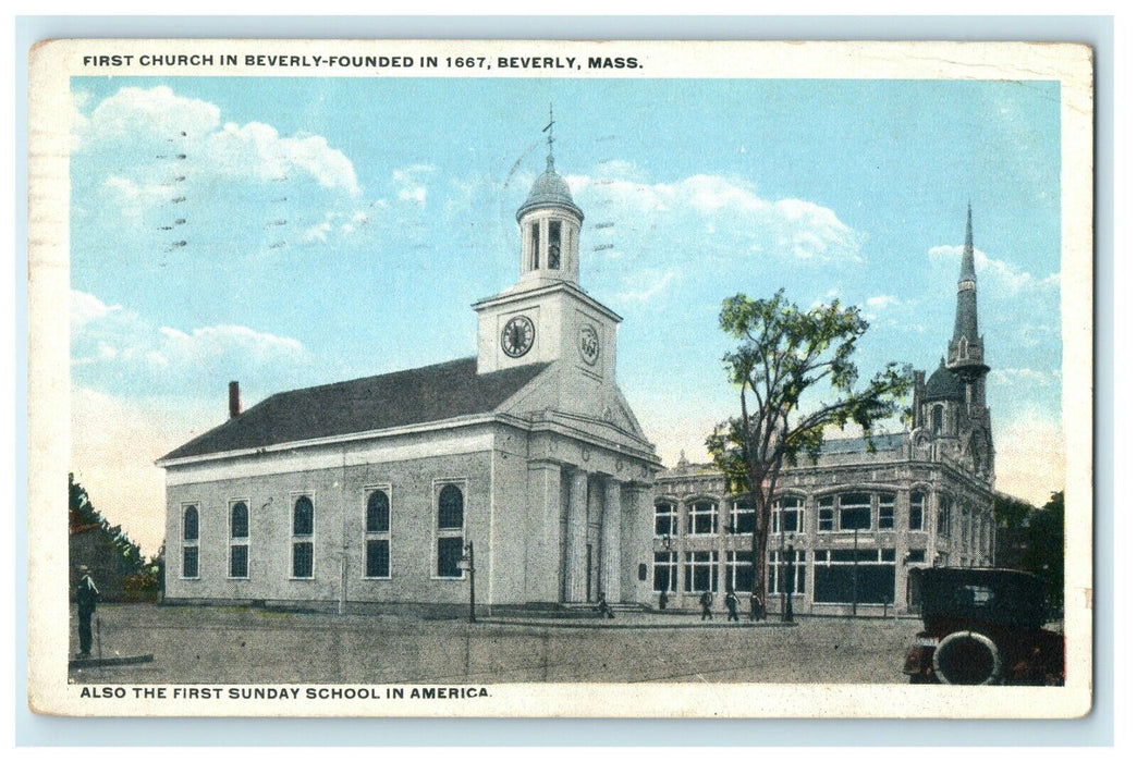 1925 First Church And First Sunday School In America Beverly MA Vintage Postcard