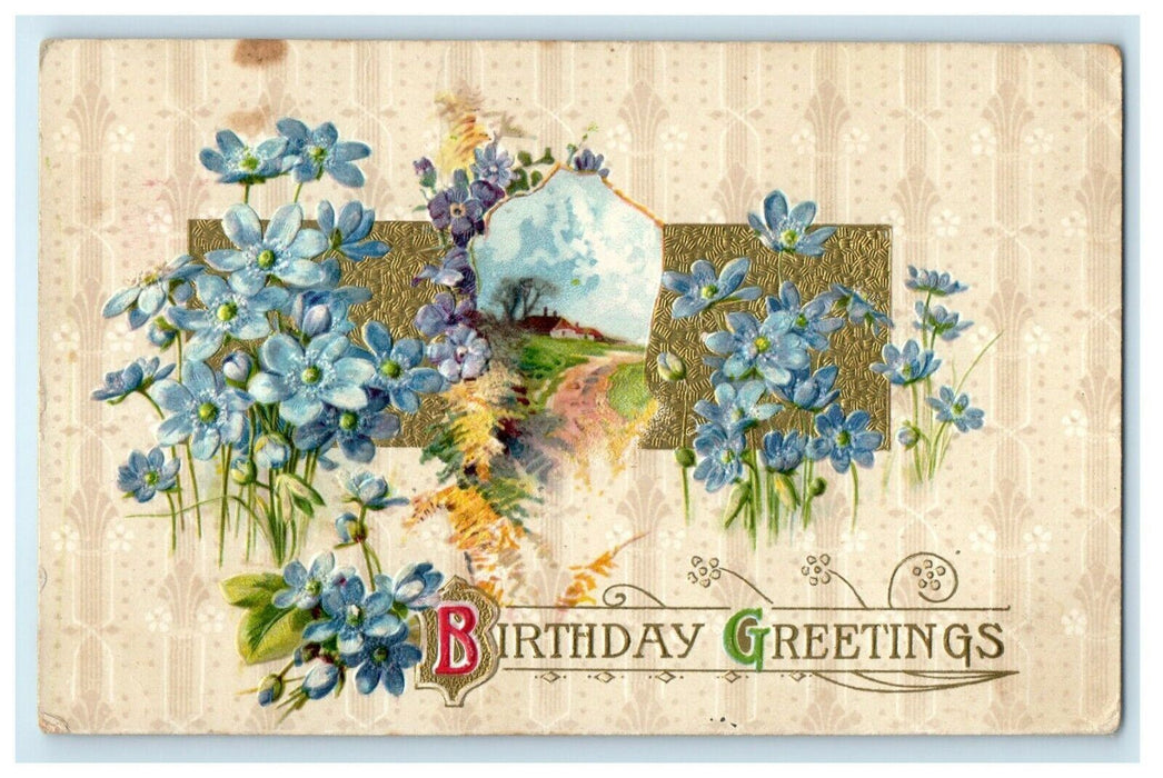 1909 Birthday Greetings Flowers Road House Scene Winsch Back Embossed Postcard