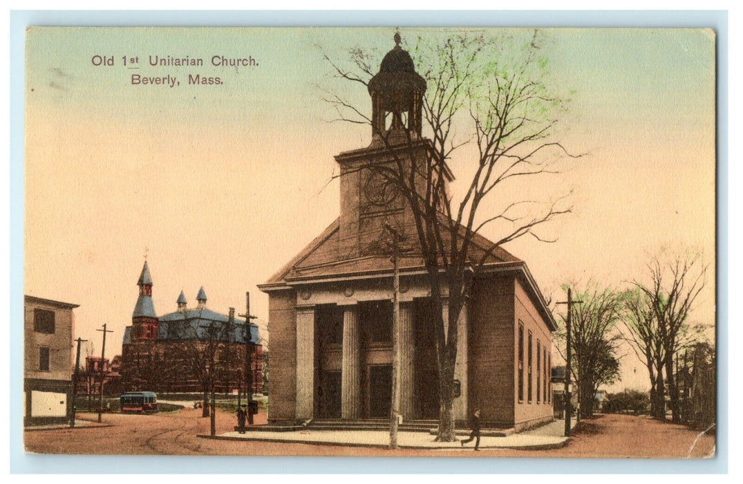 1908 Old First Unitarian Church Trolley Train Beverly Massachusetts MA Postcard
