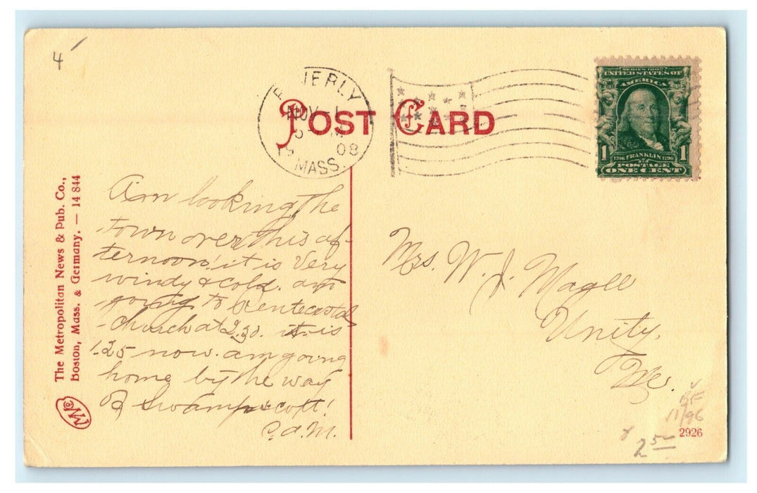 1908 Old First Unitarian Church Trolley Train Beverly Massachusetts MA Postcard