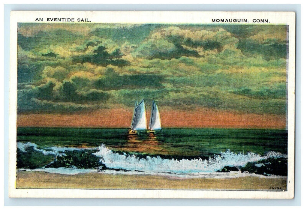 c1920's An Eventide Sail Boat Surf Beach View Momauguin Connecticut CT Postcard