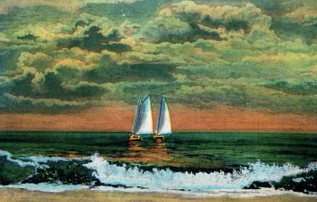 c1920's An Eventide Sail Boat Surf Beach View Momauguin Connecticut CT Postcard