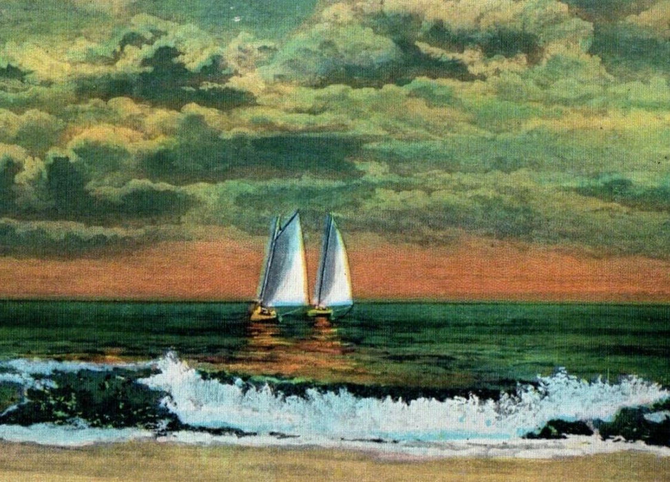 c1920's An Eventide Sail Boat Surf Beach View Momauguin Connecticut CT Postcard