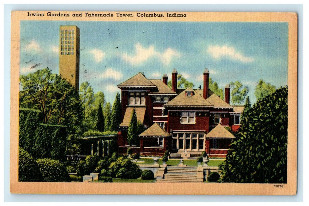 1943 View Of Irwins Gardens And Tabernacles Tower Columbus Indiana IN Postcard