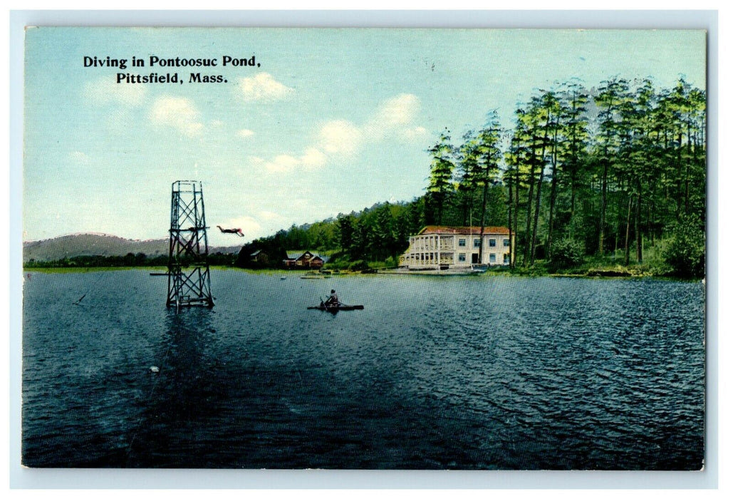 1913 Diving on Pontoosuc Pond, Pittsfield Massachusetts MA Antique Postcard