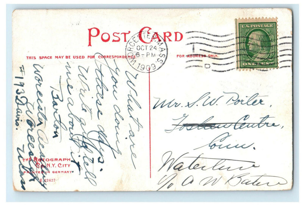 1909 Dexter Hall, Worcester, Massachusetts MA Posted Antique Postcard