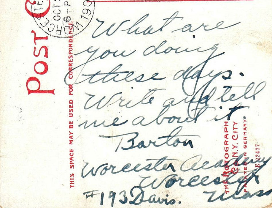 1909 Dexter Hall, Worcester, Massachusetts MA Posted Antique Postcard