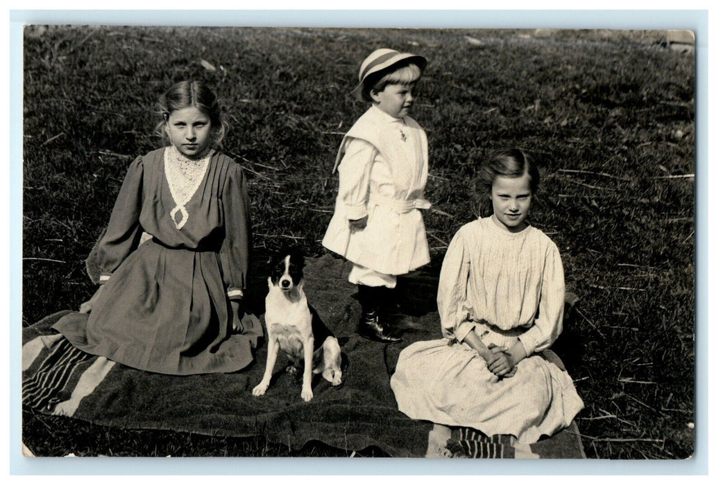 c1910 Children Kids with Terrier Dog Picnic Dundee Ohio OH RPPC Photo Postcard