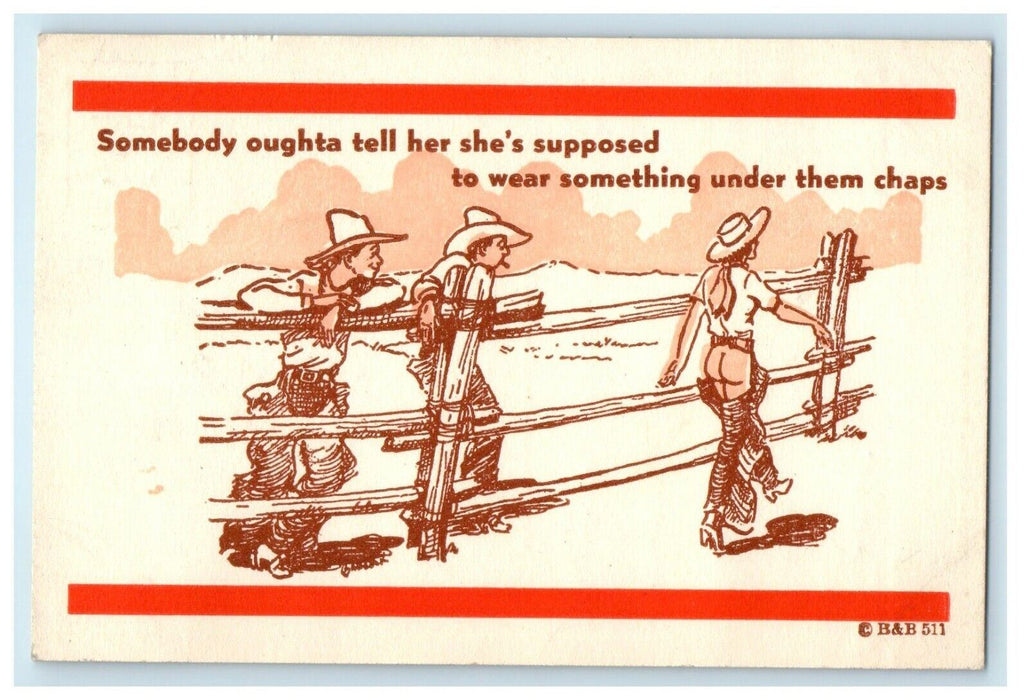c1940’s Risqué Cowboy Cowgirl Chaps Humor Funny Postcard