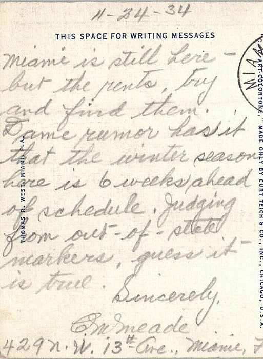 1934 A Seminole Indian Village, Canoe Making Lesson Florida FL Cancel Postcard
