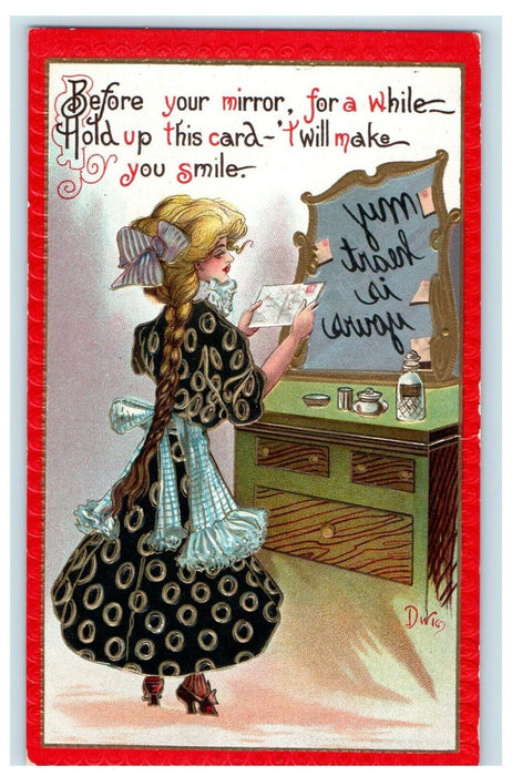 1913 Girl Mirror Backwards Message Dwigs Advertising York PA Shoe Store Postcard