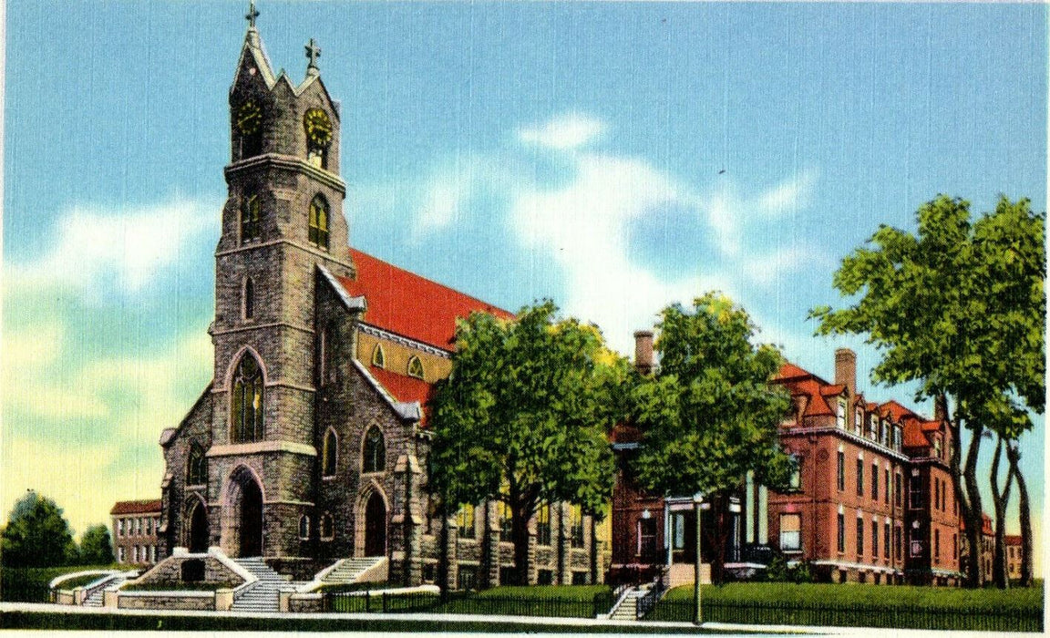 c1930s St. Patrick's Church and Rectory, Fall River, Massachusetts MA Postcard