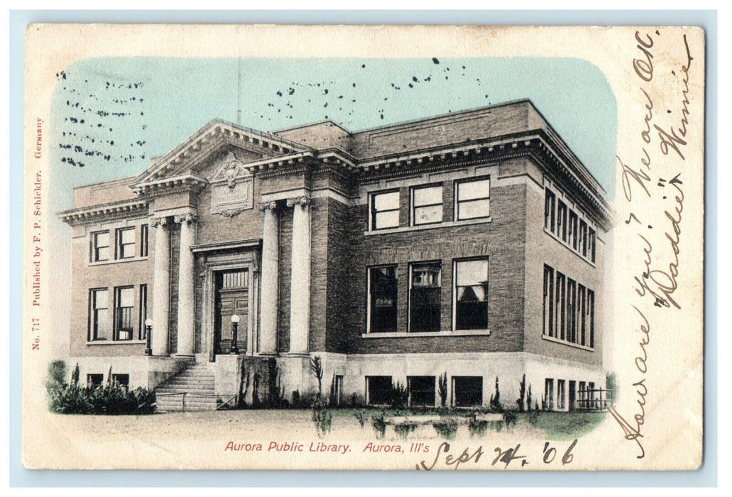 1906 Aurora Public Library, Aurora Illinois IL Antique Posted Postcard