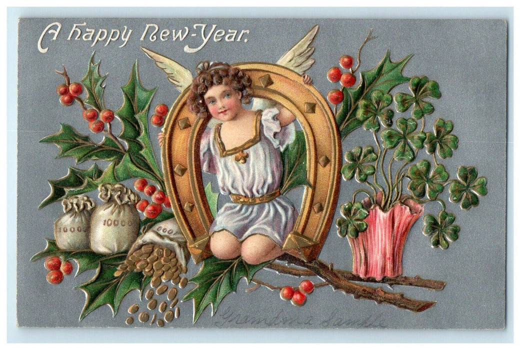 New Year Angel With Horseshoe Gold Coins Holly Berries Flowers Embossed Postcard