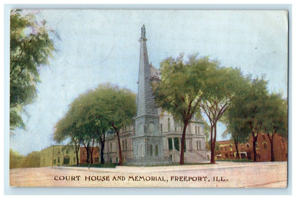 1908 Court House and Memorial, Freeport Illinois IL Antique Postcard