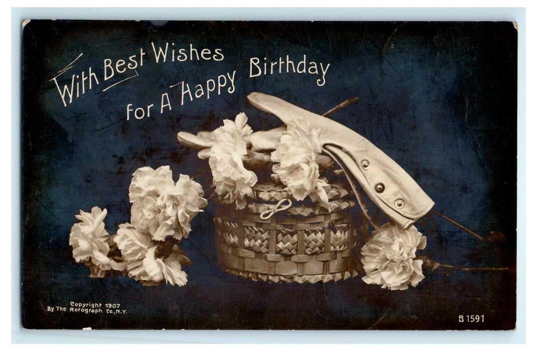 1909 Happy Birthday Rotograph Still Life Roses Basket Fulton RPPC Photo Postcard