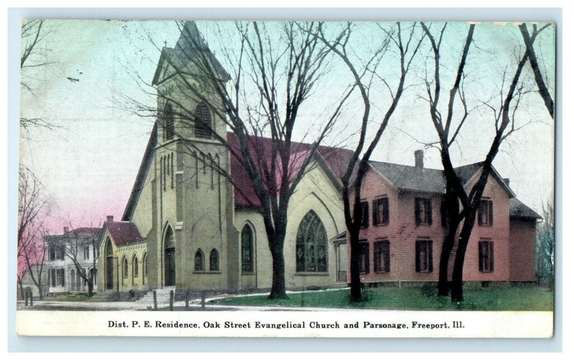 1909 Oak Evangelical Church and Parsonage Freeport Illinois IL Postcard