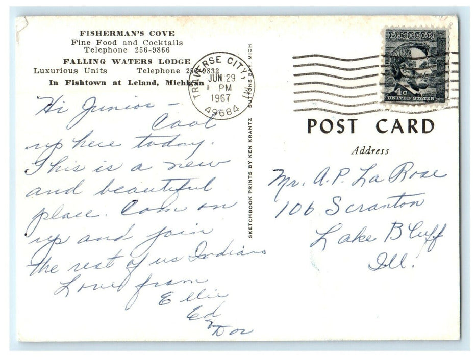 1967 Fisherman's Cove and Falling Waters Lodge, Leland Michigan Postcard