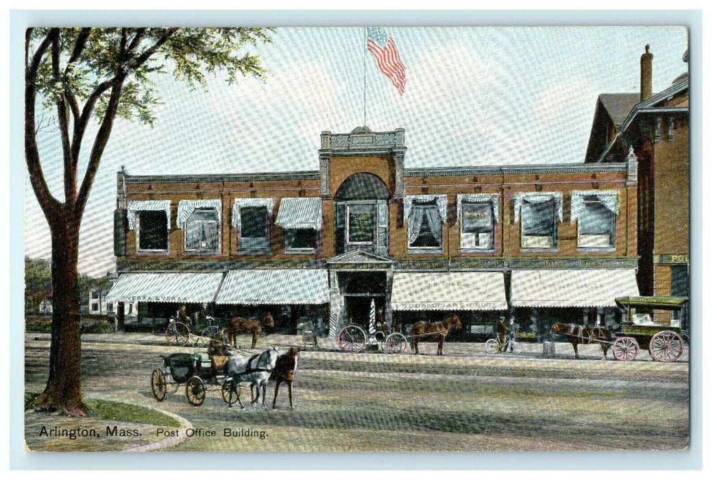 Arlington Massachusetts Post Office Building Horse Carriage MA Unposted Postcard