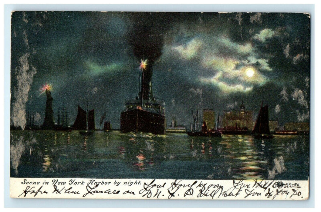 1909 Moonlight in New York Harbor New York NY Antique Posted Postcard