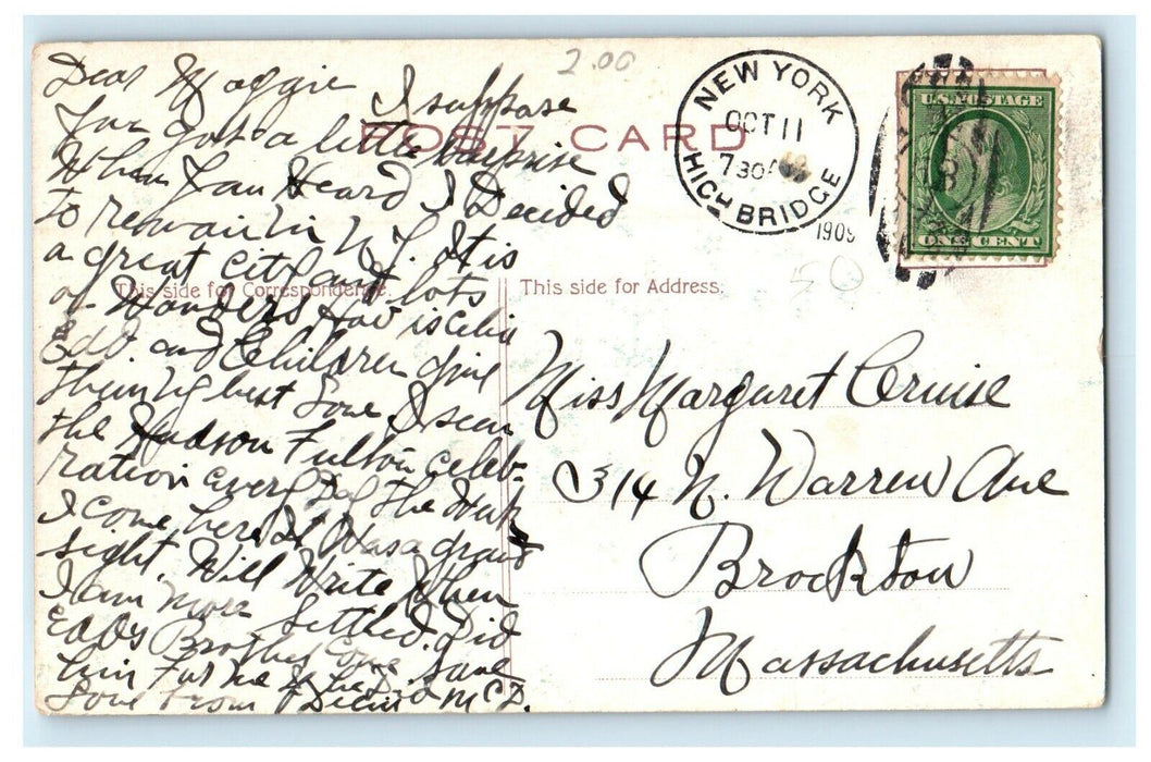 1909 Moonlight in New York Harbor New York NY Antique Posted Postcard