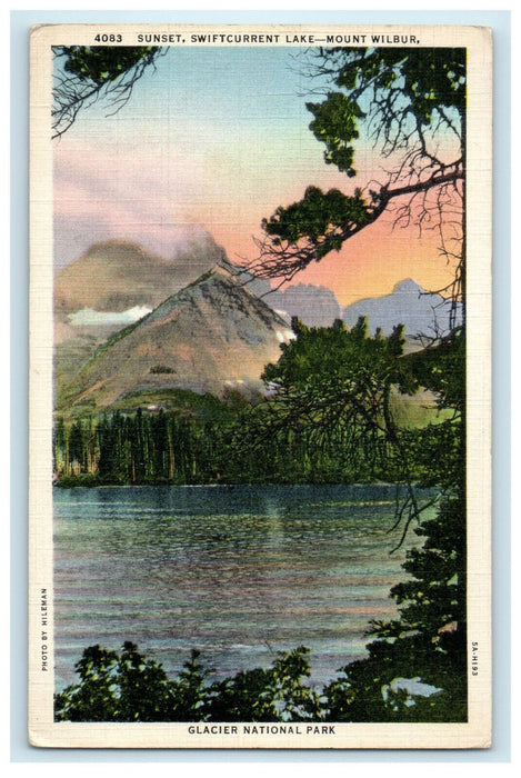 c1930s Sunset Swiftcurrent Lake Mount Wilbur, Montana MT Posted Postcard